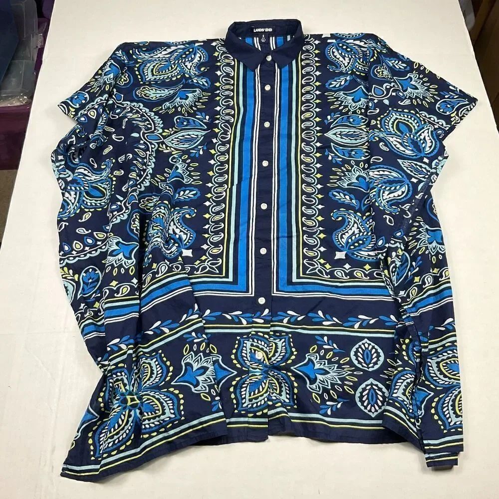 Lands End Womens Cotton Kimono Button Down Shirt Paisley Short Sleeve Top SMALL